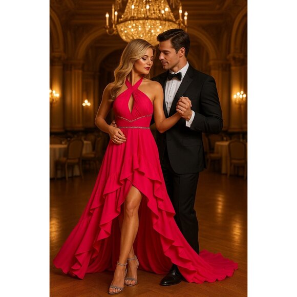 Mac Duggal RARE Hot Pink High-Low Gown Halter Neck Tiered Slit Skirt Size 2 - Picture 1 of 16